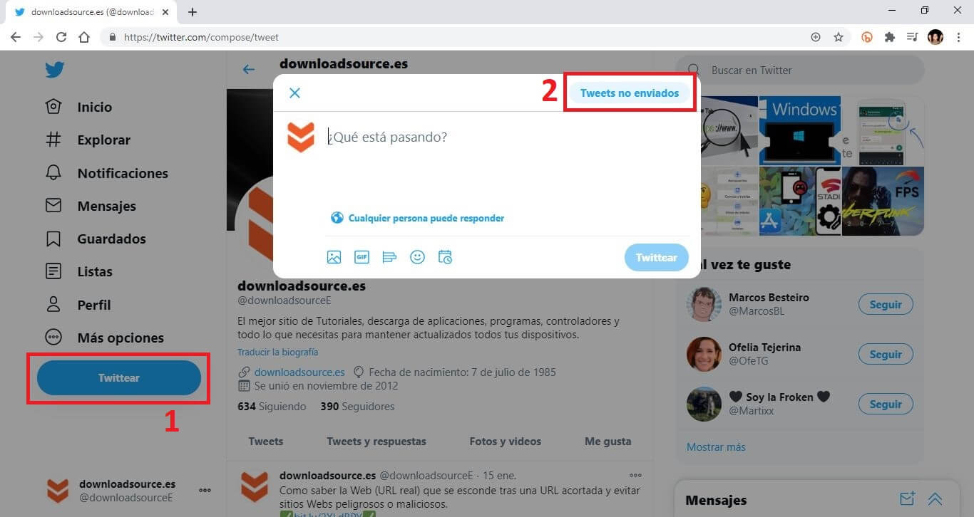 donde se guardan los borradores de twitter