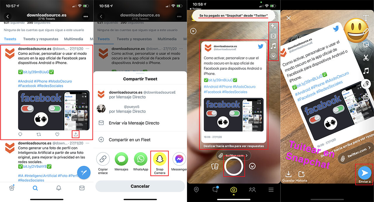 como tuitear tweet de twitter en Snapchat