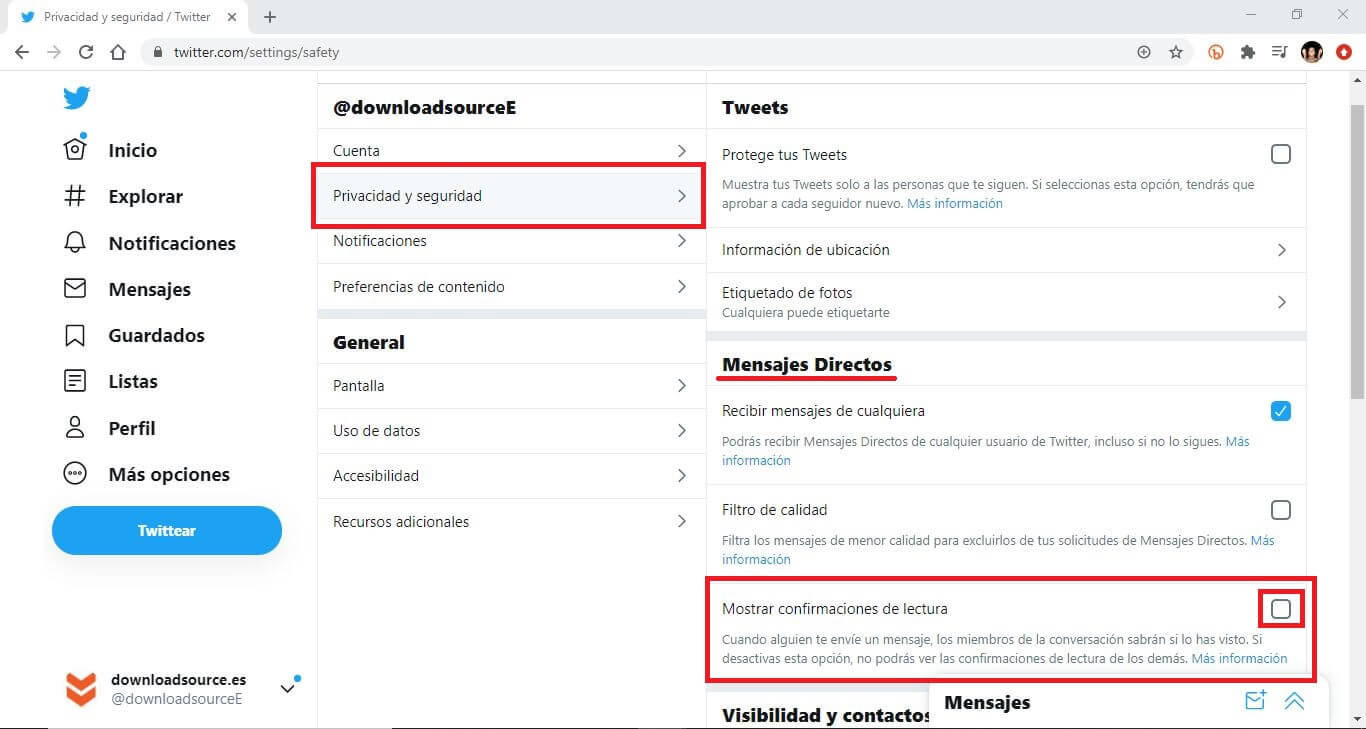 desactivar la verificación de lectura de mensajes directo de twitter