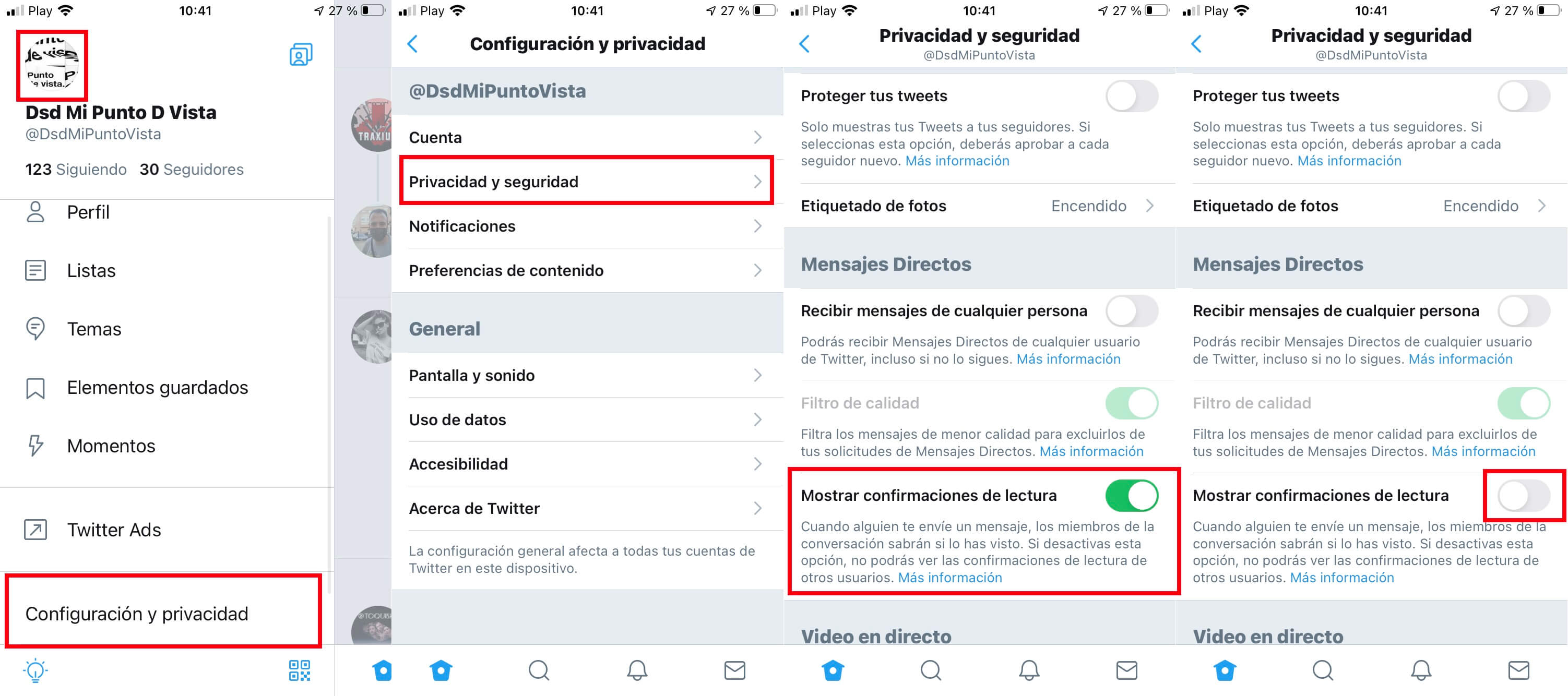 desactivar la verificación de lectura Visto de mensajes directo de twitter