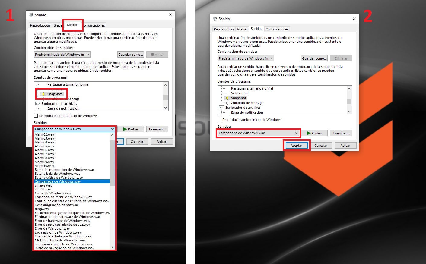 activar que windows 10 haga un sonido al tomar una captura de pantalla