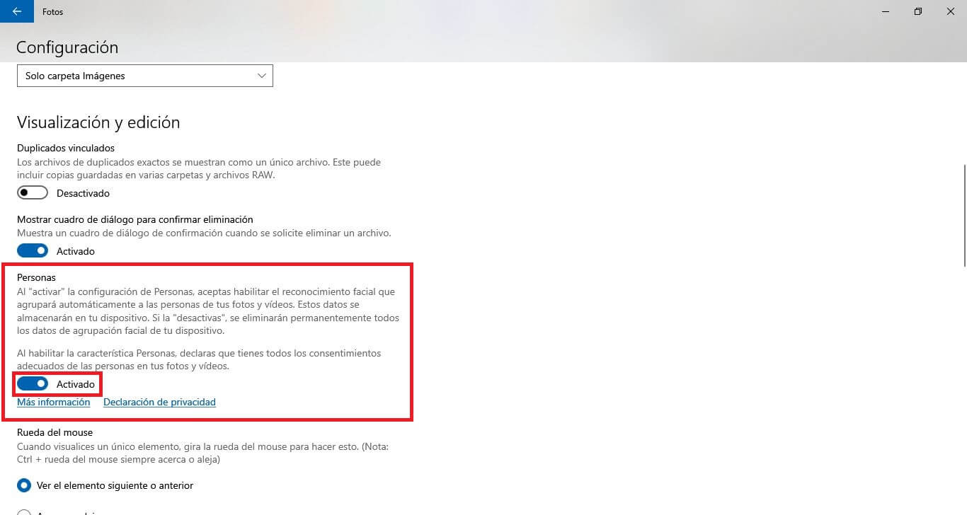 activar o desactivar el reconocimiento facial en la app Fotos de Windows 10