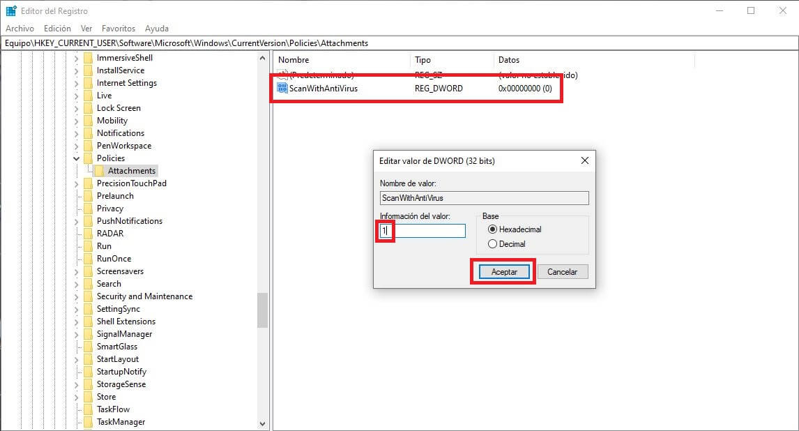 desactivar el administrador de datos adjuntos de Windows 10