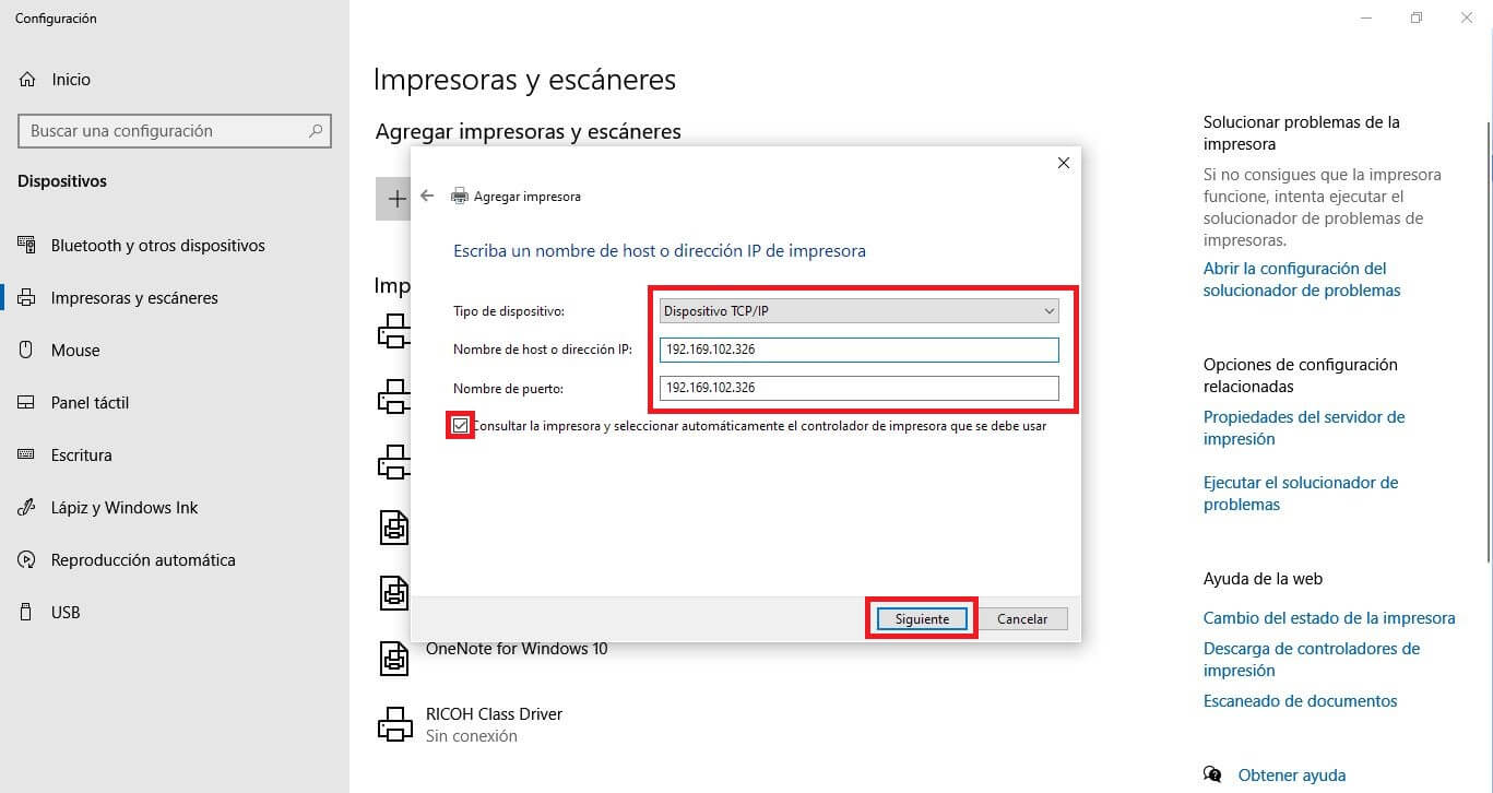 usar la IP para instalar una impresora Wifi en windows 10