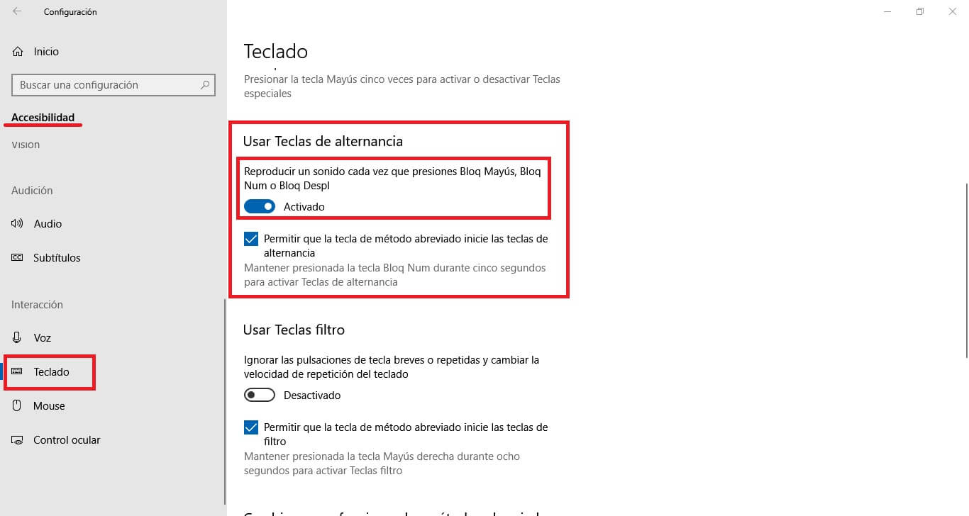 windows 10 permite activar las notificaciones de tecla de bloqueo de mayusculas