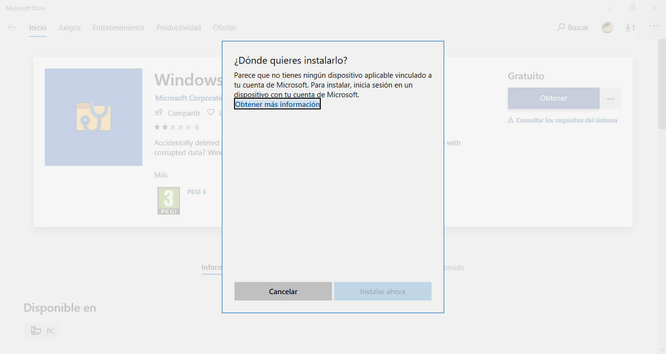 “¿Dónde quieres instalarlo? Parece que no tienes ningún dispositivo aplicable vinculado a tu cuenta de Microsoft. Para instalar, inicia sesión en un dispositivo con su cuenta de Microsoft