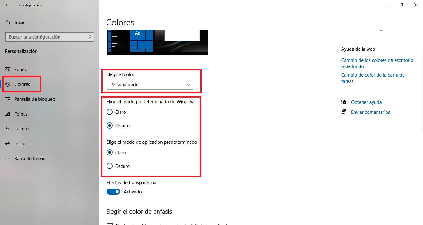 como cambiar el color del menu de inicio de windows 10
