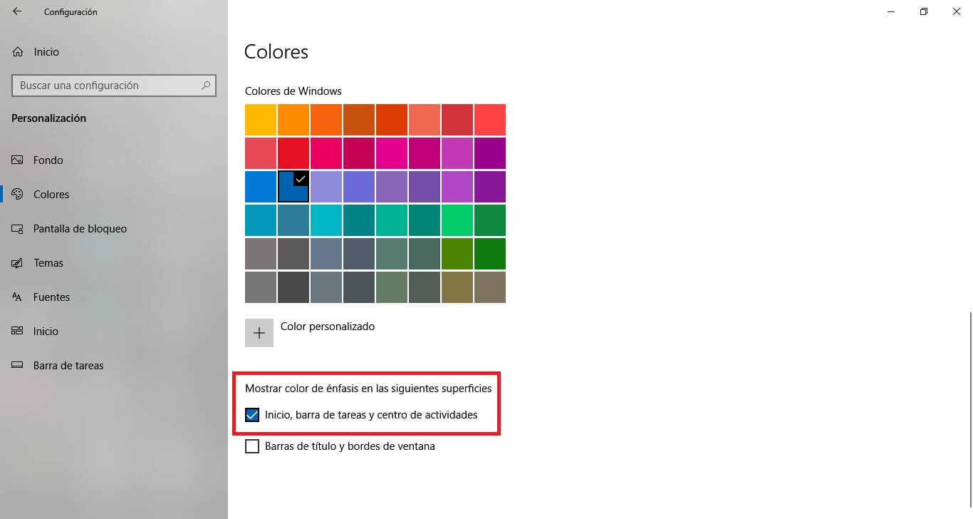 personaliza el color del menú de inicio de windows 10