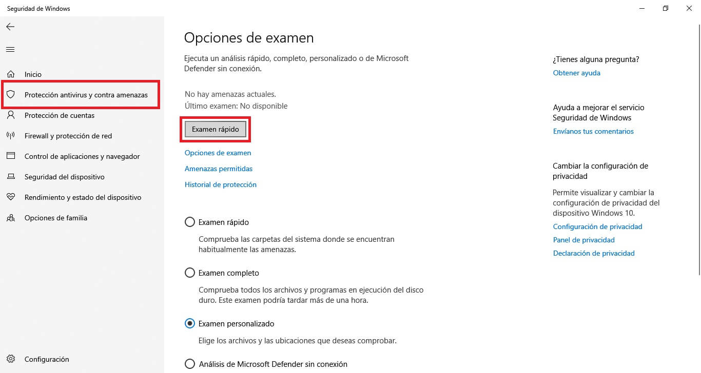 el antivirus Windows defender te permite analizar archivos y carpetas en busca de virus y malware