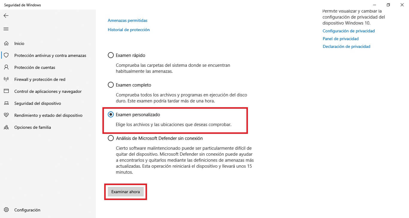 windows 10 permite analizar archivos y carpetas de forma especifica en busca de virus o malware