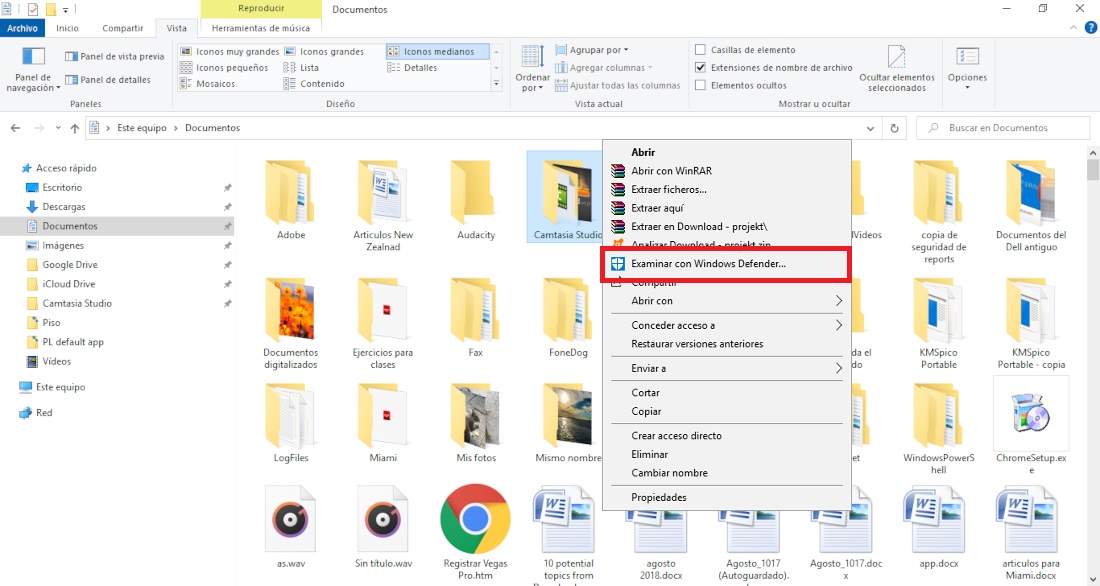 escanear especificamente archivos y carpetas en windows 10 con windows defender