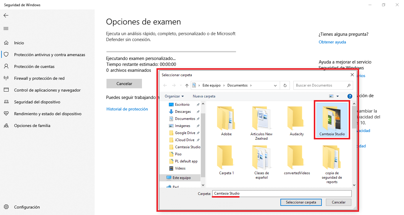 examinar carpetas y archivos de en windows 10 haciendo uso de Windows Defender