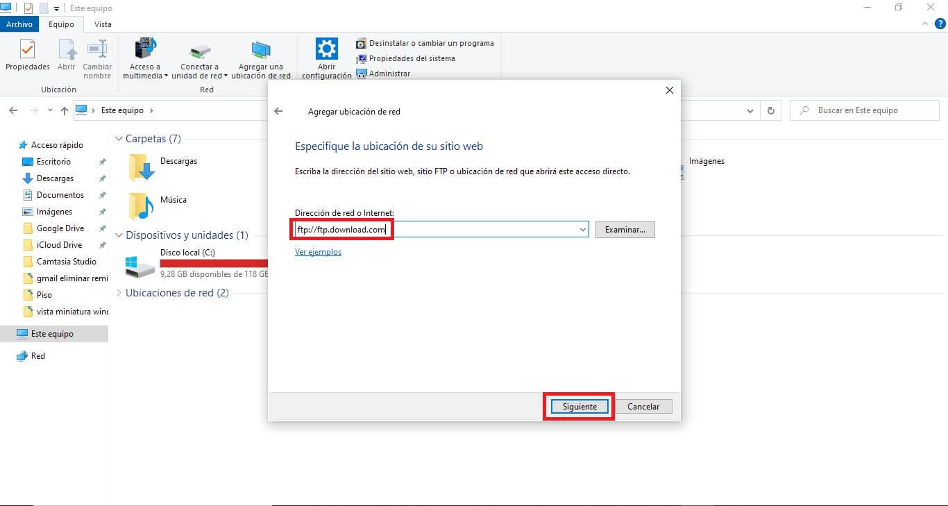 Conectar servidor FTP Explorador de archivos | Windows 10