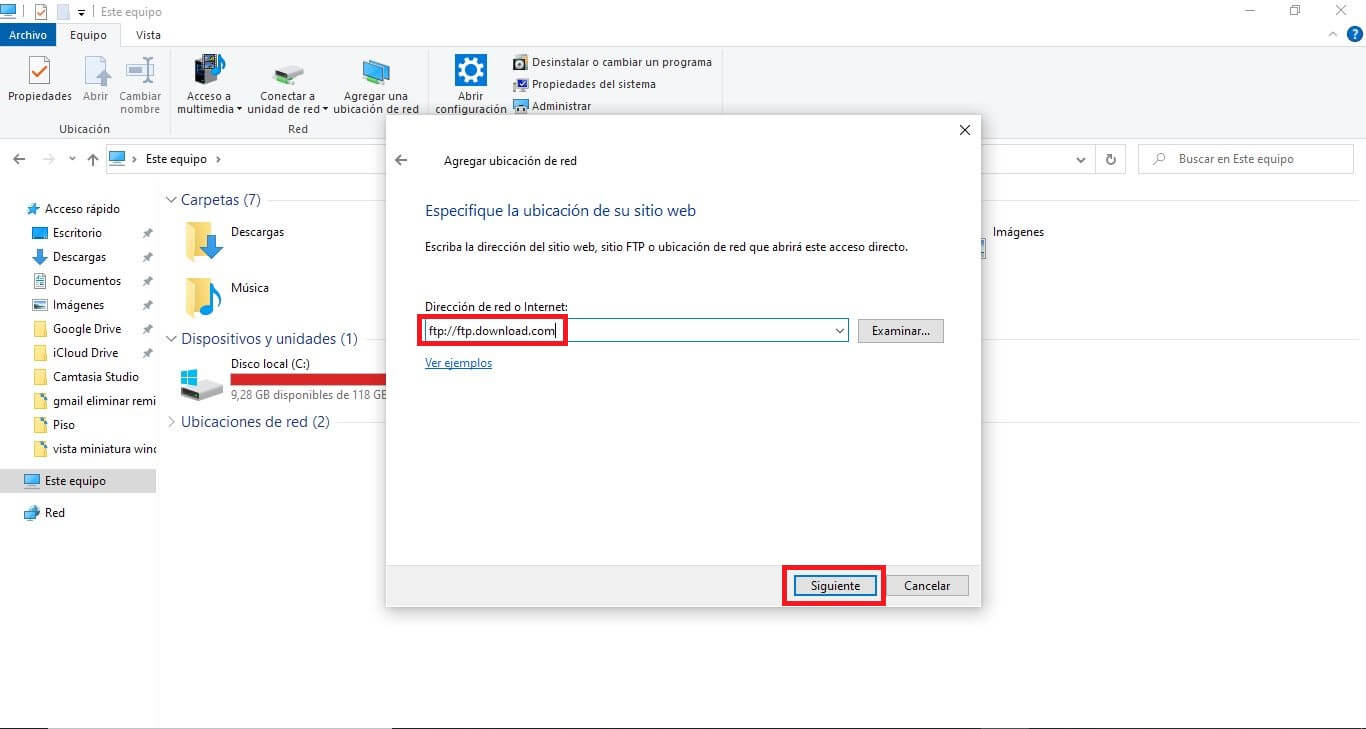como acceder a los archivos de un servidor FTP desde el explorador de archivos de Windows 10