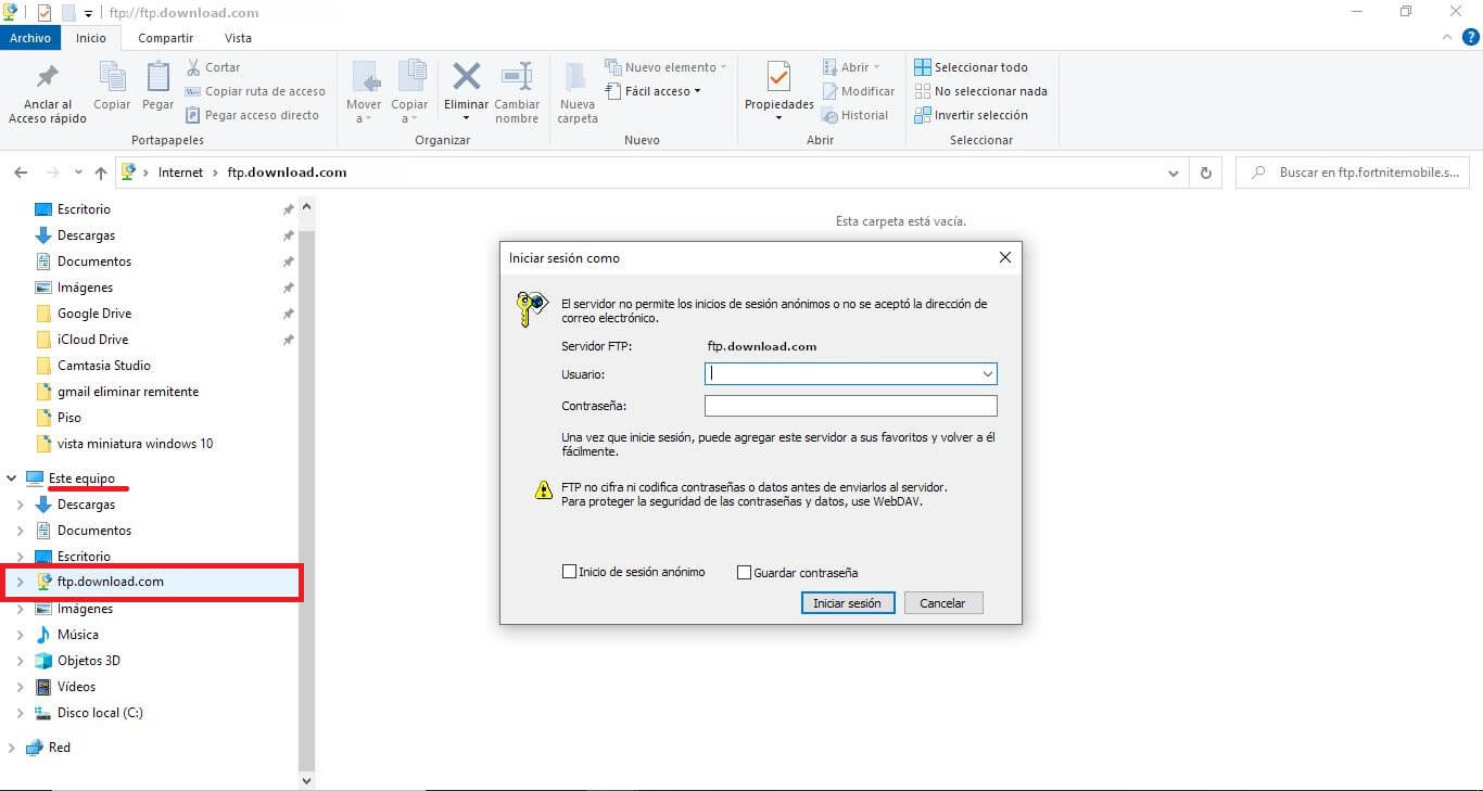 ver los archivos de un servidor FTP en el explorador de archivos de Windows 10