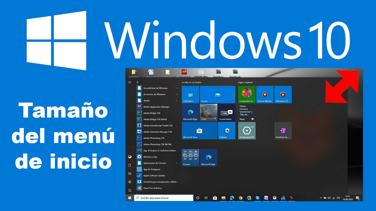 como cambiar el tamaño del menú de inicio de Windows 10