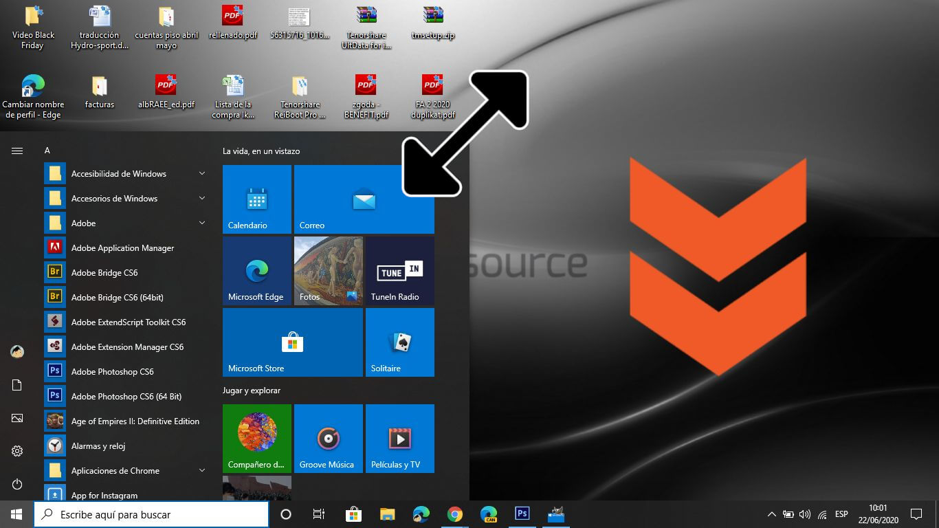 como aumentar o reducir el tamaño del menú de inicio de Windows 10