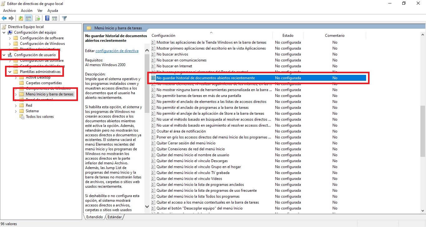 desactivar el historial de archivos recientemente abiertos con una aplicación de Windows 10 
