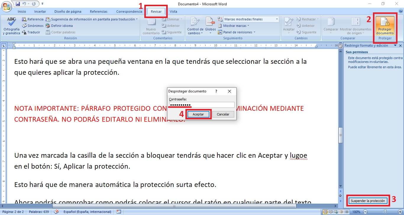 proteger por contraseña la edición o eliminación de parte de texto de un documento Word