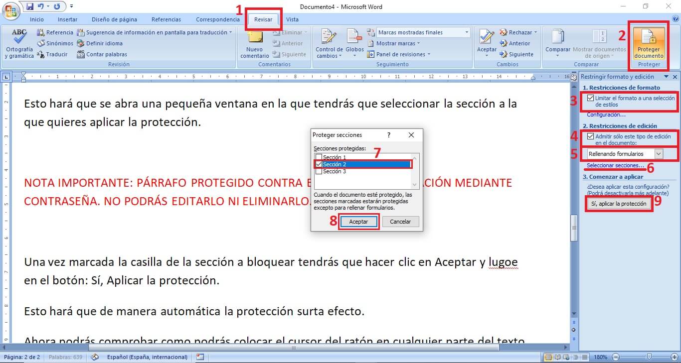 como proteger secciones de texto de un archivo word con contraseña 