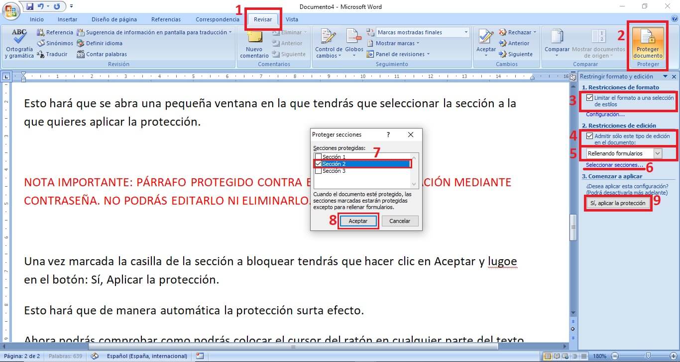 como proteger secciones de texto de un archivo word con contraseña 