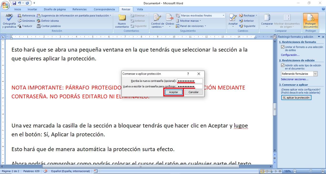 como impedir que parte del texto de un documento word pueda ser editado mediante contraseña