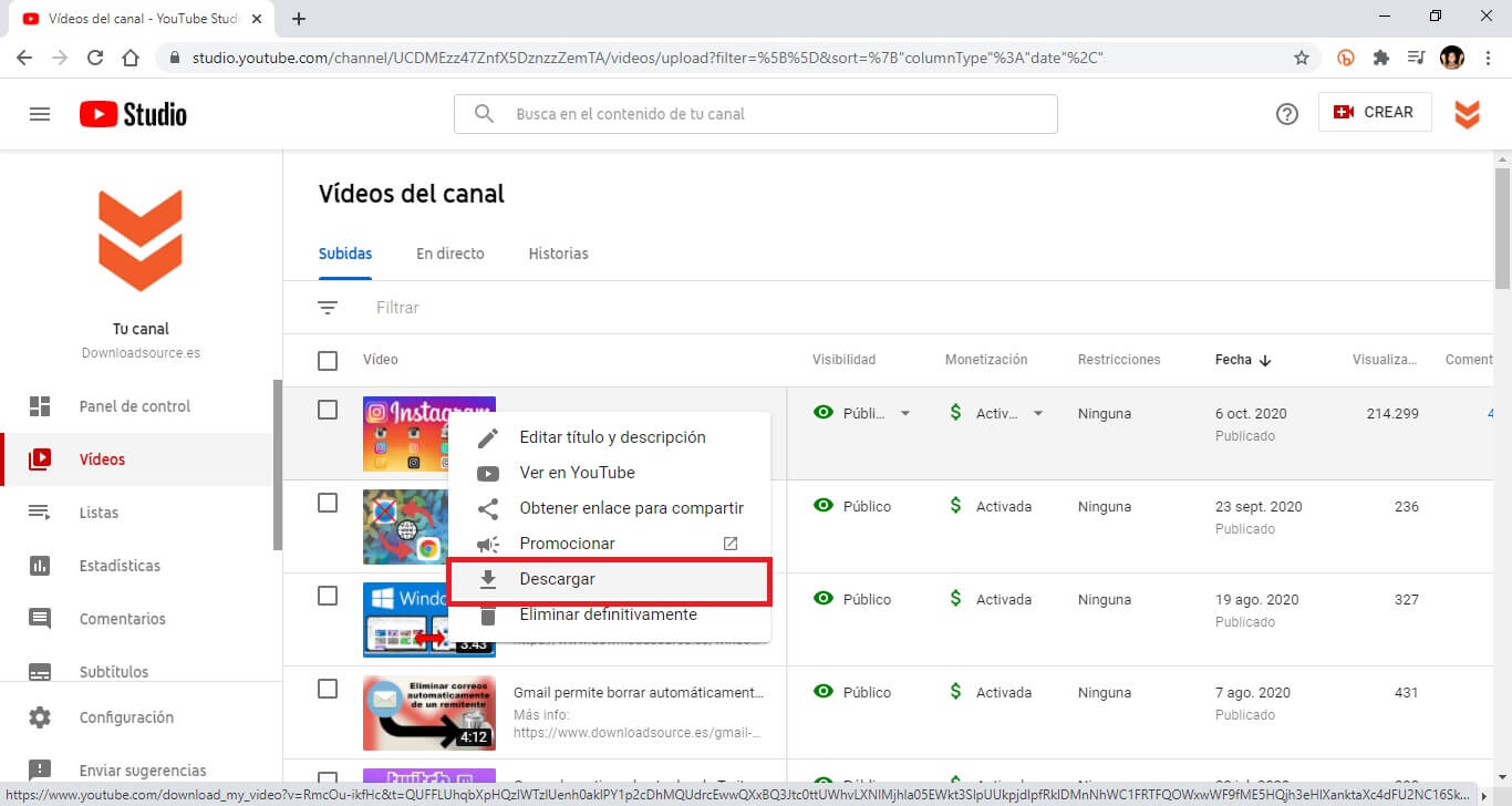 metodo oficial para descargar los videos de tu canal de Youtube