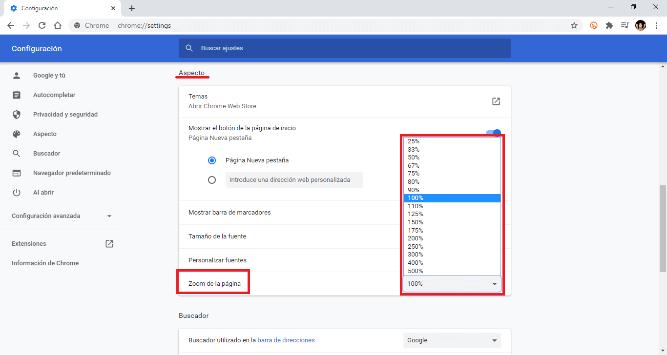 Google Chrome permite configurar porcentajes especificos de Zoom en una Web
