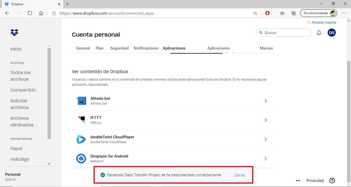 desvincular apps vinculadas a dropbox