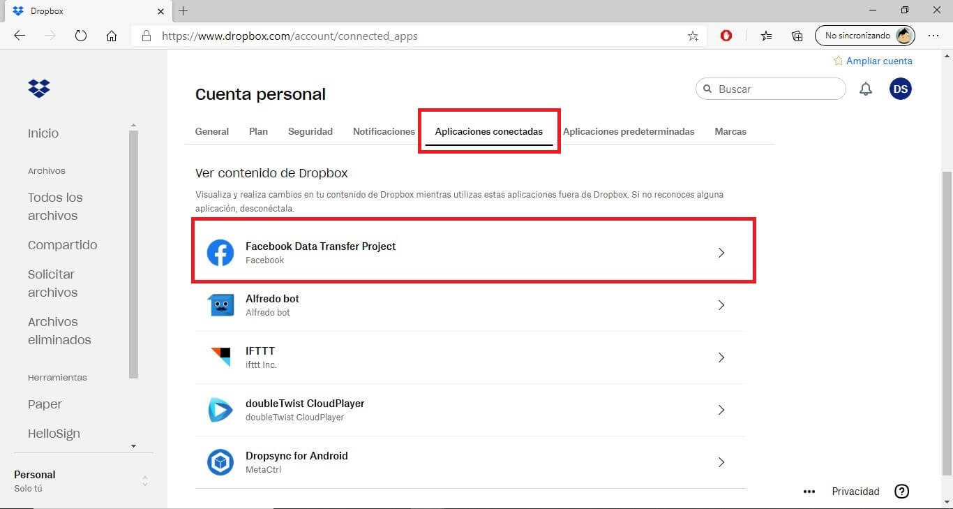 desvincular aplicaciones conectadas a tu cuenta de dropbox