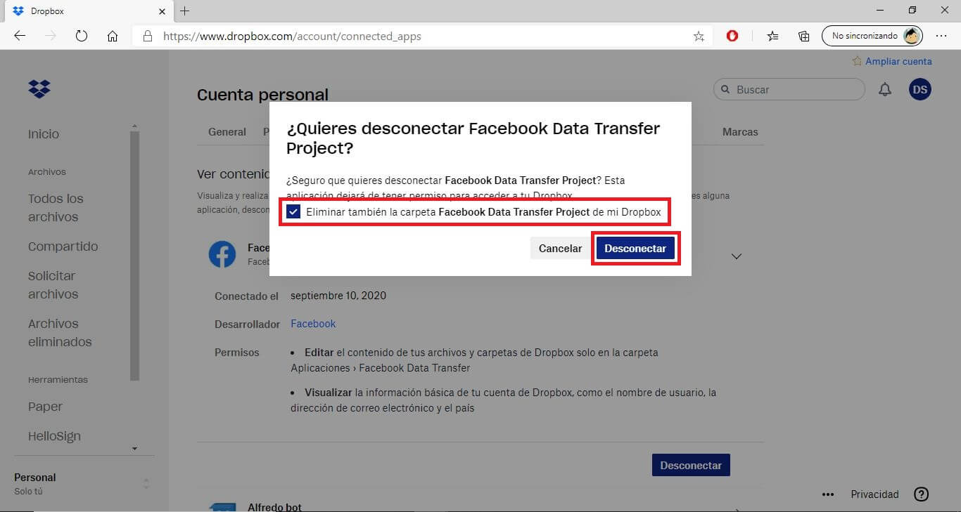 desconectar las apps vinculadas a tu cuenta de dropbox