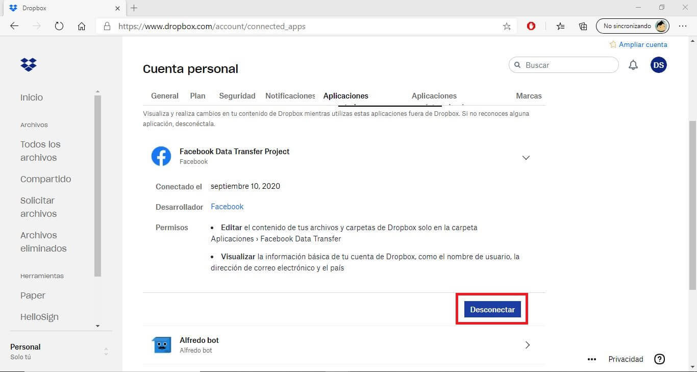 como eliminar la vinculacion entre otras aplicaciones y tu cuenta de dropbox