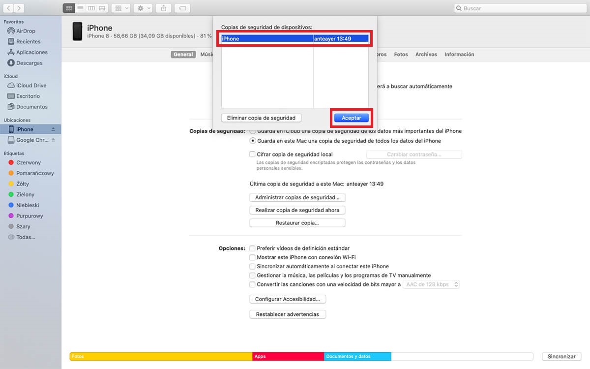 elimina copia de seguridad de iPhone en mac desde el finder
