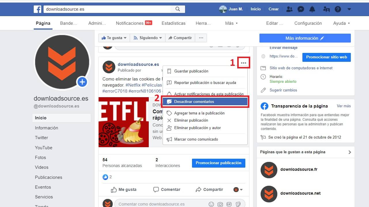 como deshabilitar los comentarios de las publicaciones en paginas y grupos de Facebook