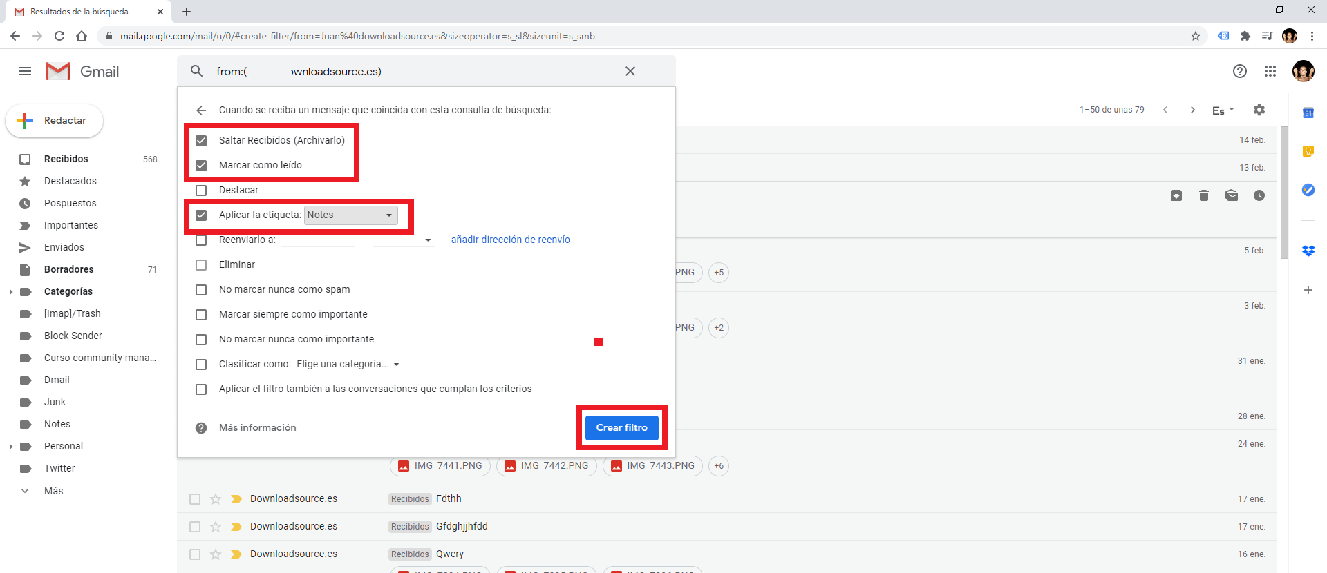 desactivar las notificaciones de corros recibidos de una dirección de correo electrónico en Gmail