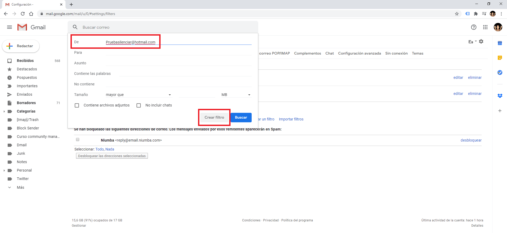 como desactivar las notificaciones de correos provenientes de una cuenta especifica en Gmail