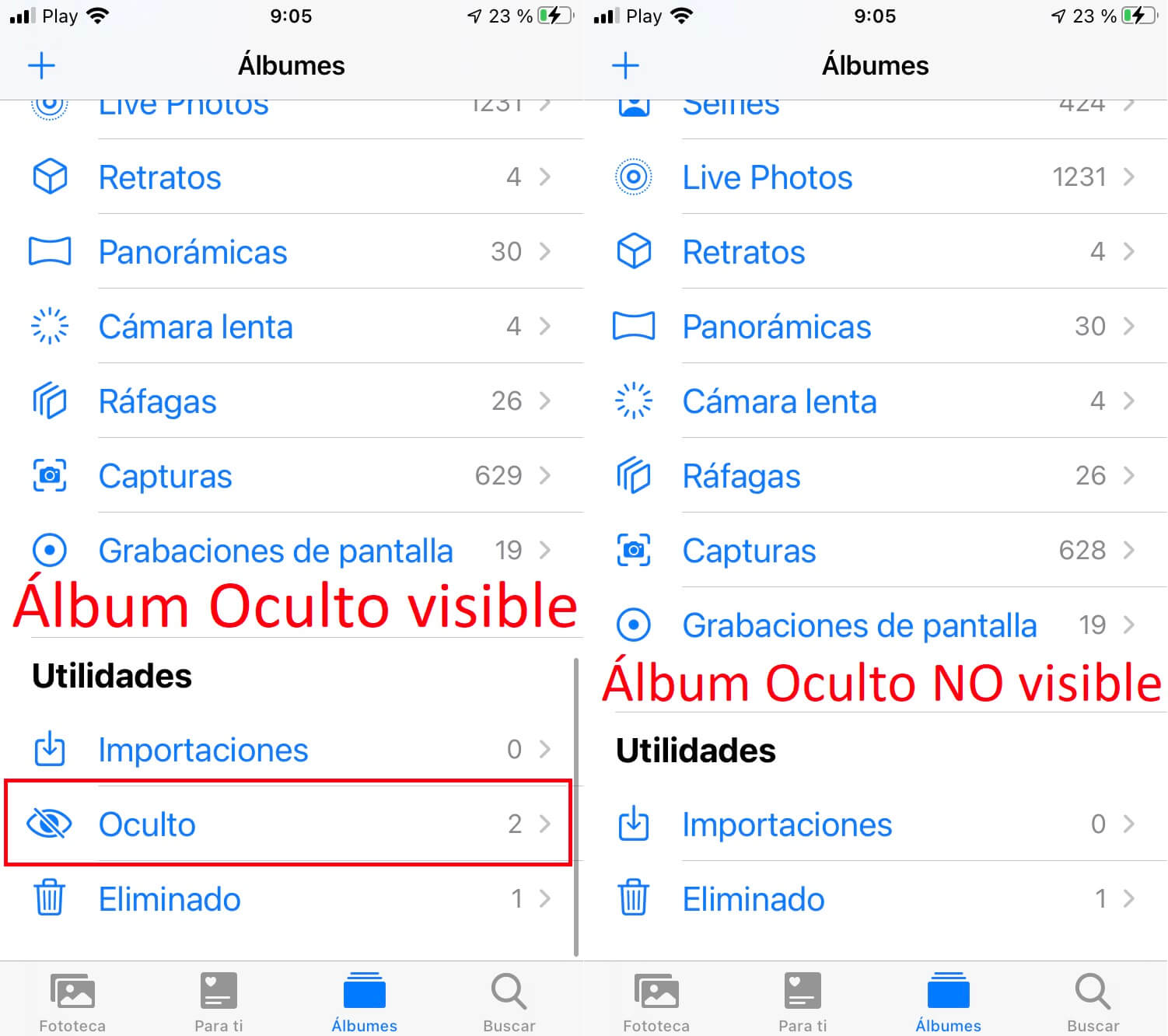 como ocultar el album oculto de la app fotos en iPhone