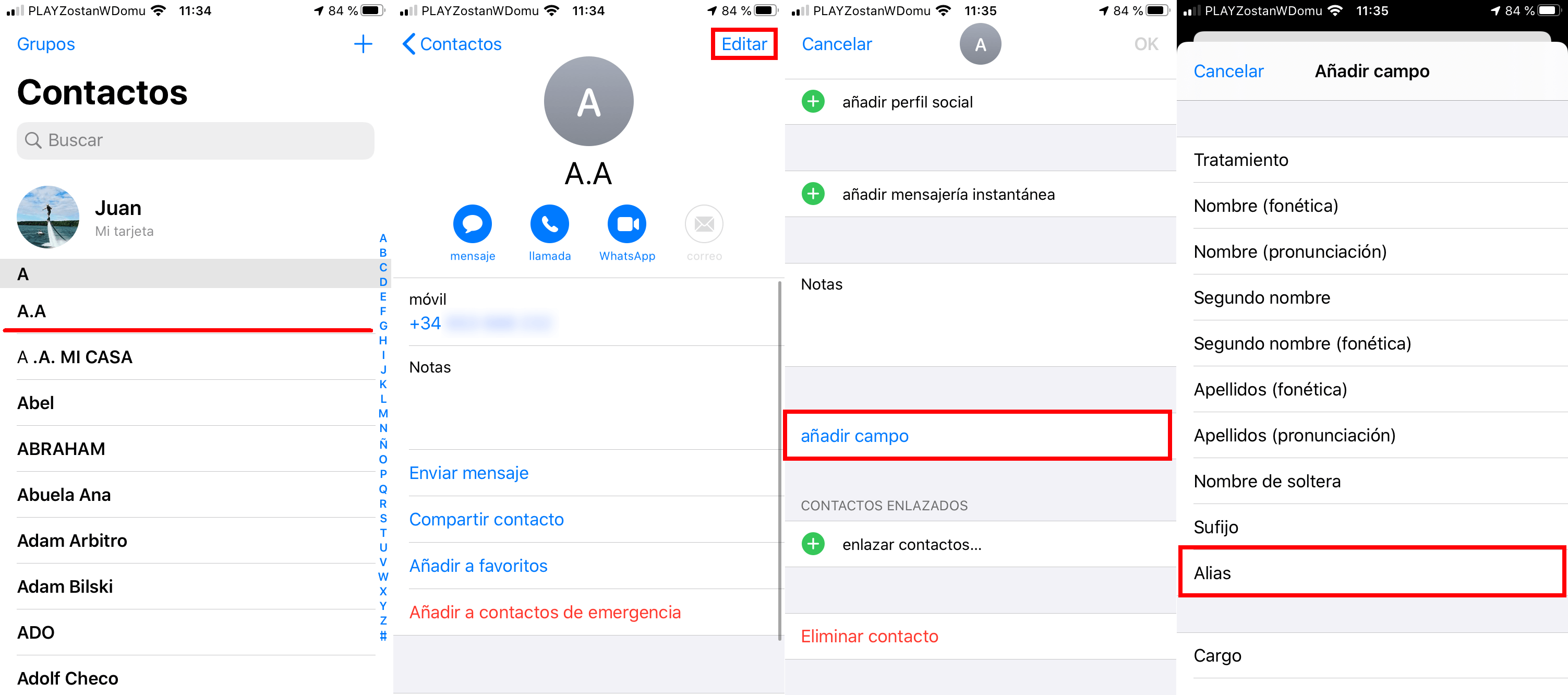 activar los apodos en los contactos de iPhone