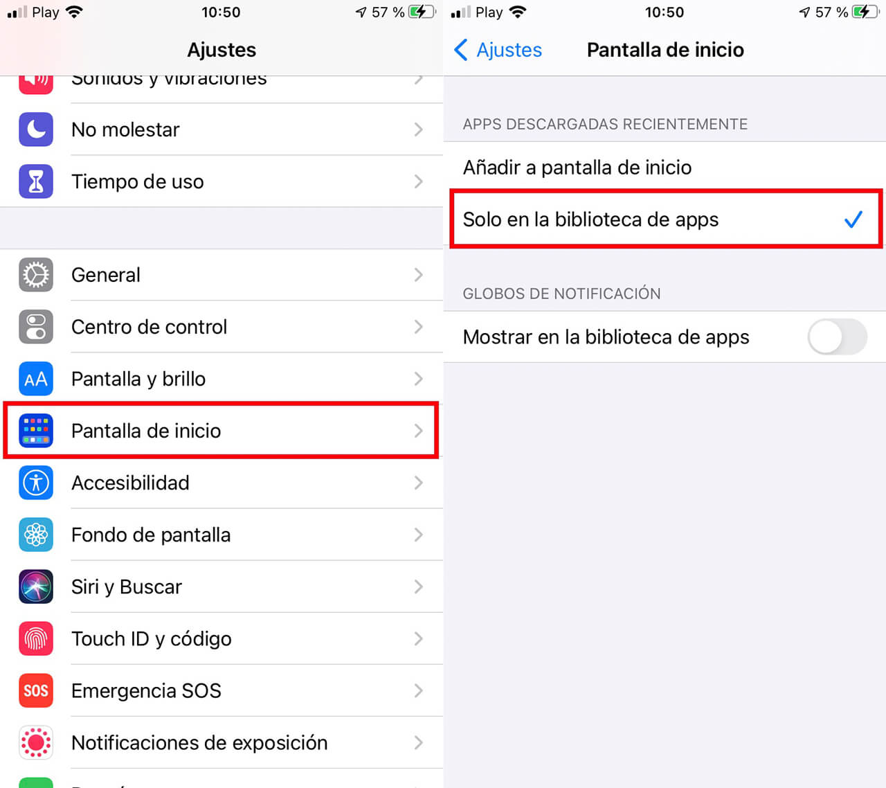 como configurar iPhone para que las apps instaladas no se muestren en el menú de inicio.