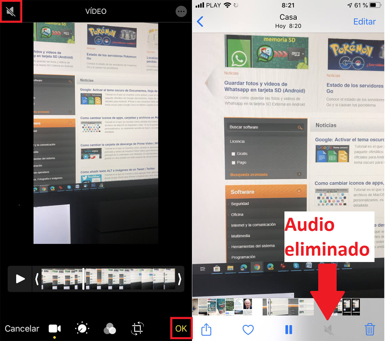 como borrar el sonido de los videos de iPHone