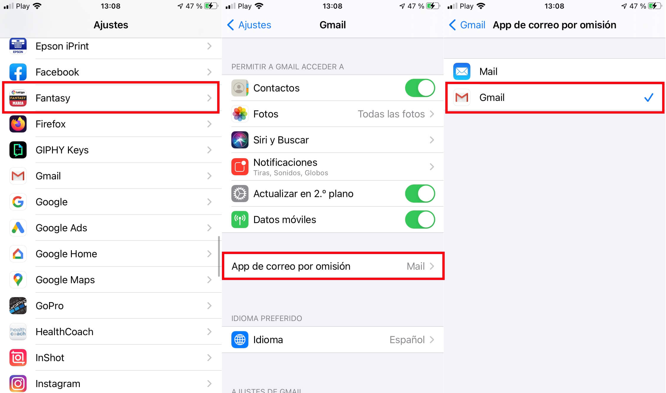 como cambiar la aplicacion de correo electronico predeterminada en iPhone por la de Gmail