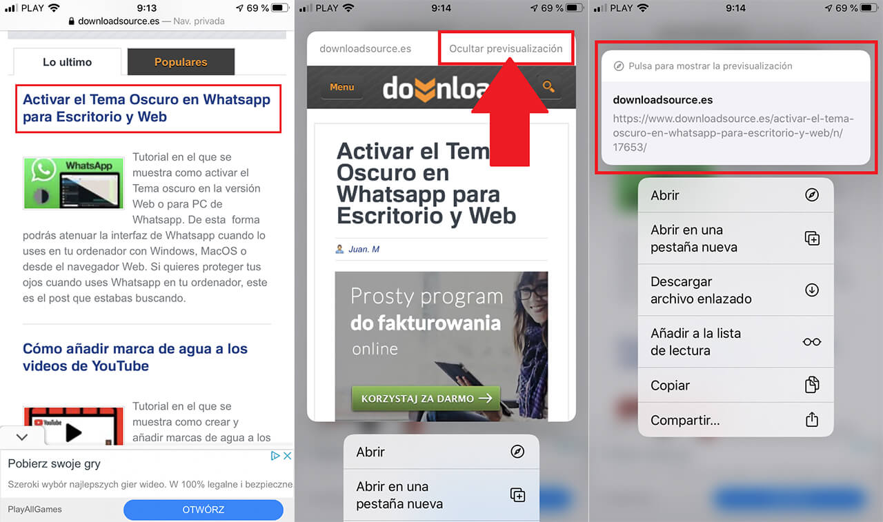 Activar o desactivar la pre-visualización de enlaces en el navegador Safari de iPhone o iPad