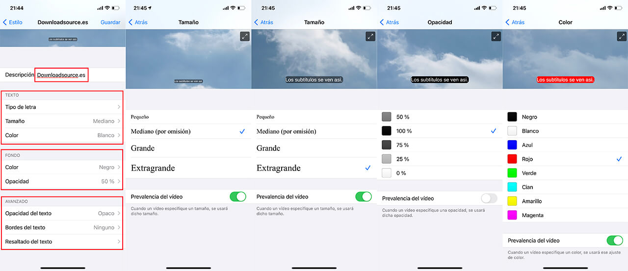 cambiar el estilo de los subtitulos en iPhone o ipad