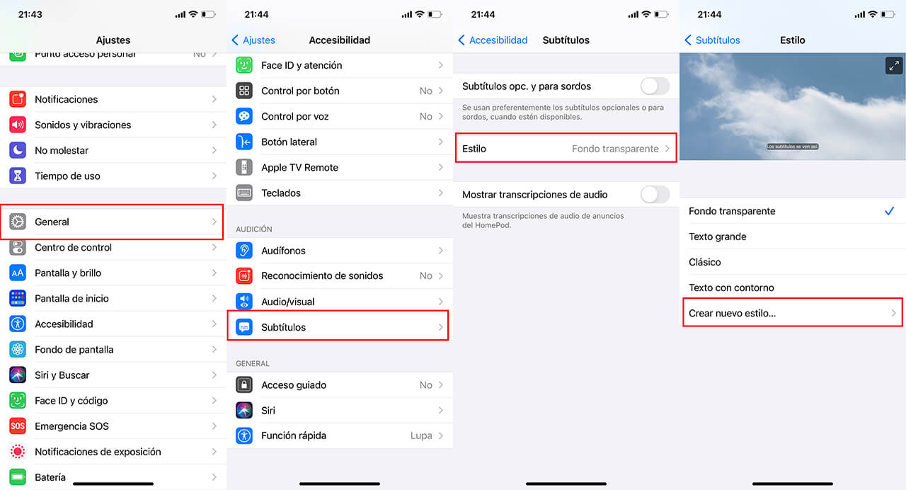 como cambiar el estilo de los subtítulos de iPhone