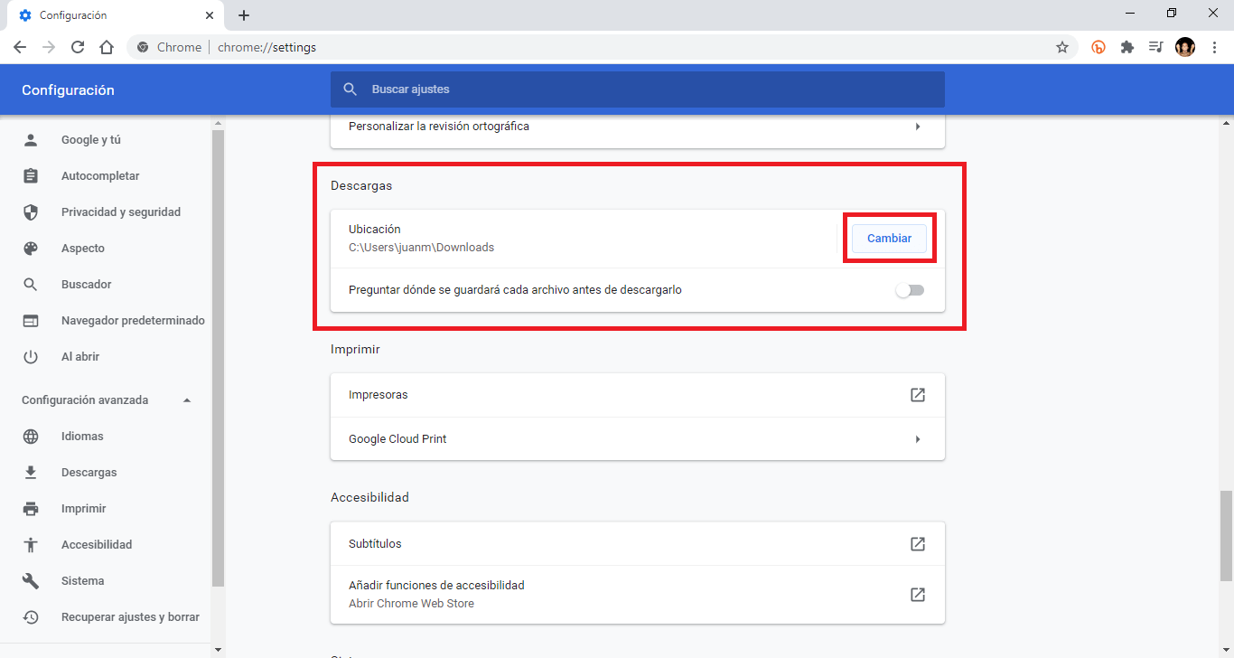 cambiar el la carpeta descarga de google chrome