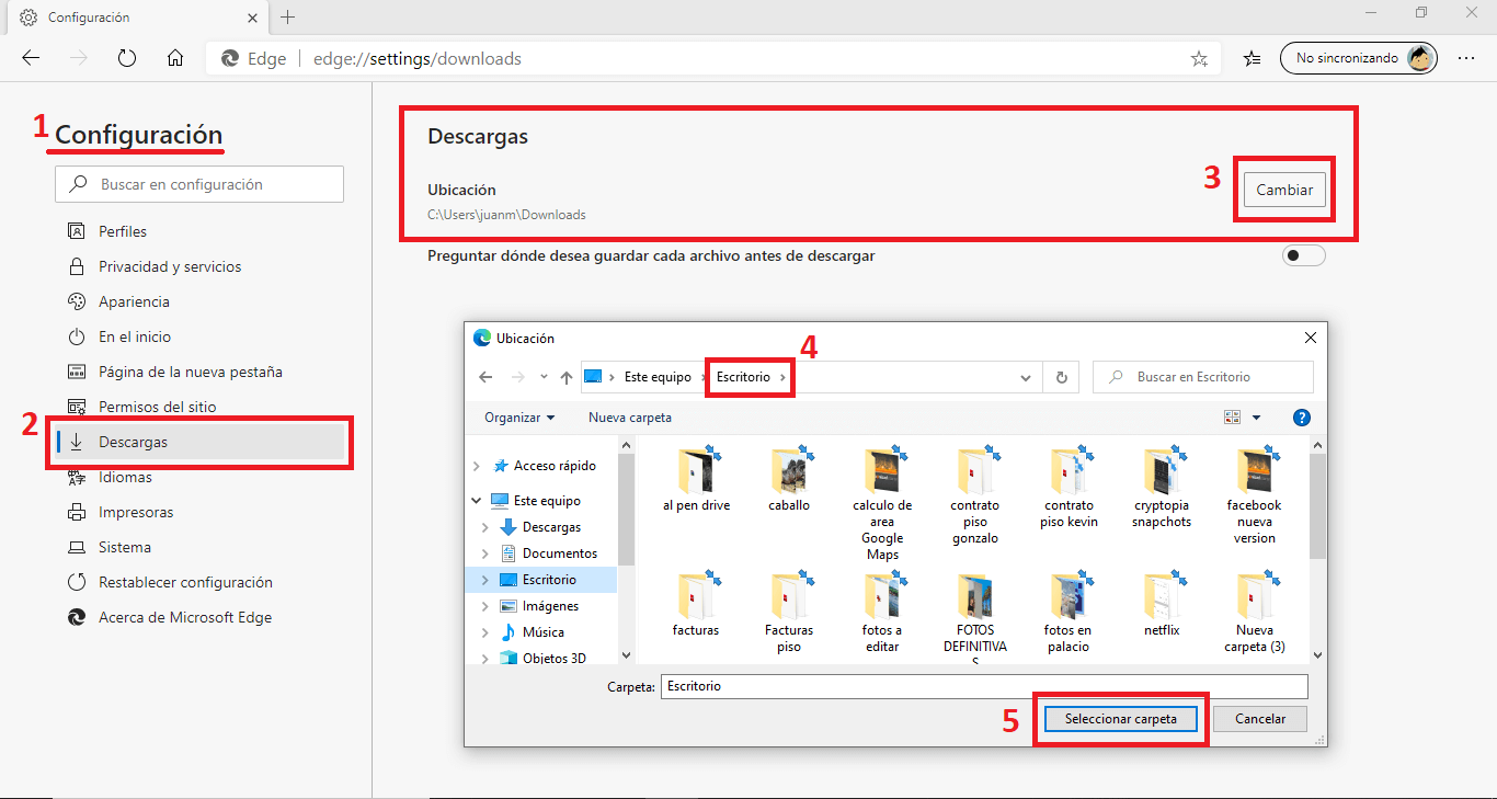 como cambiar la carpeta de descarga de archivos de Edge