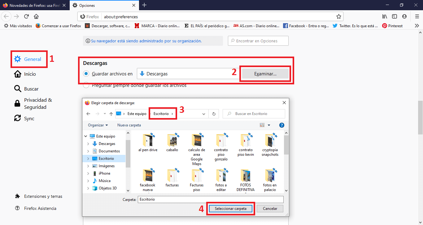 como cambiar la carpeta en la que se guardan las descargas desde microsoft Edge