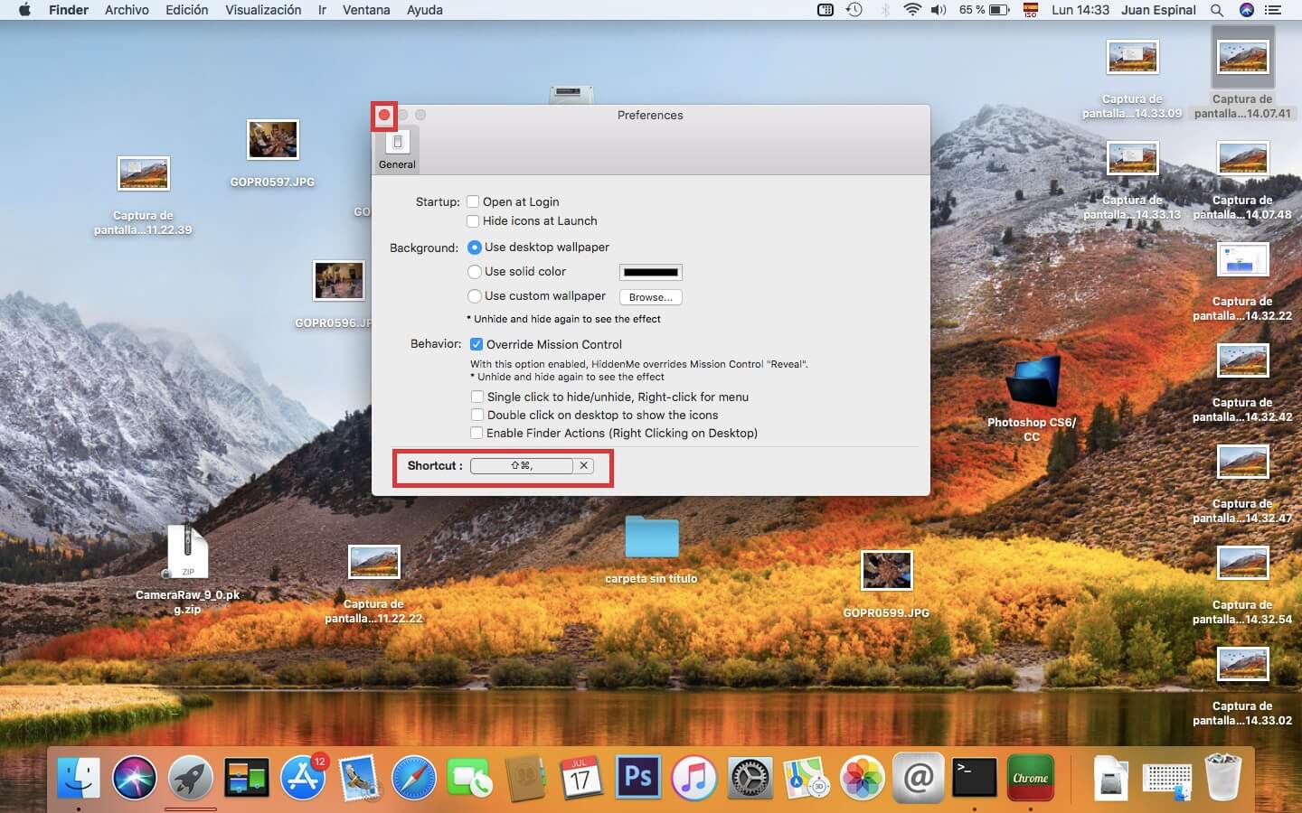 ocultar todos los iconos del escritorio de mac os con un atajo