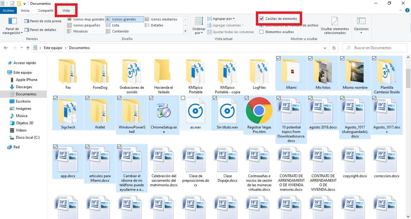 no mostrar los recuadros en los iconos al seleccionar los archivos en el explorador de Windows 10
