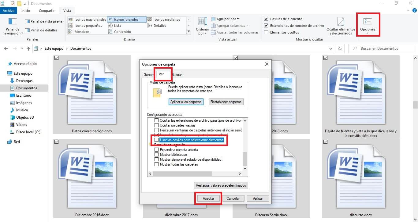 Windows 10 muestran recuadros sobre los iconos de los archivos en el explorador de archivos
